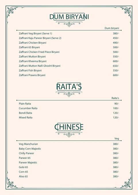 Pista House dum biryani, raita and Chinese starters menu page