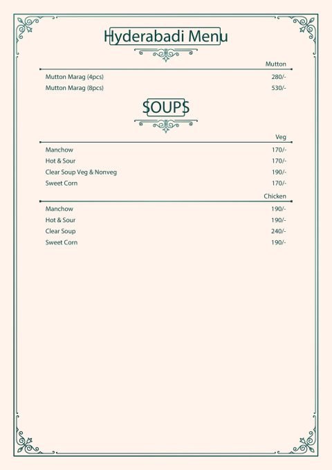 Pista House menu page with Hyderabadi specials and soups