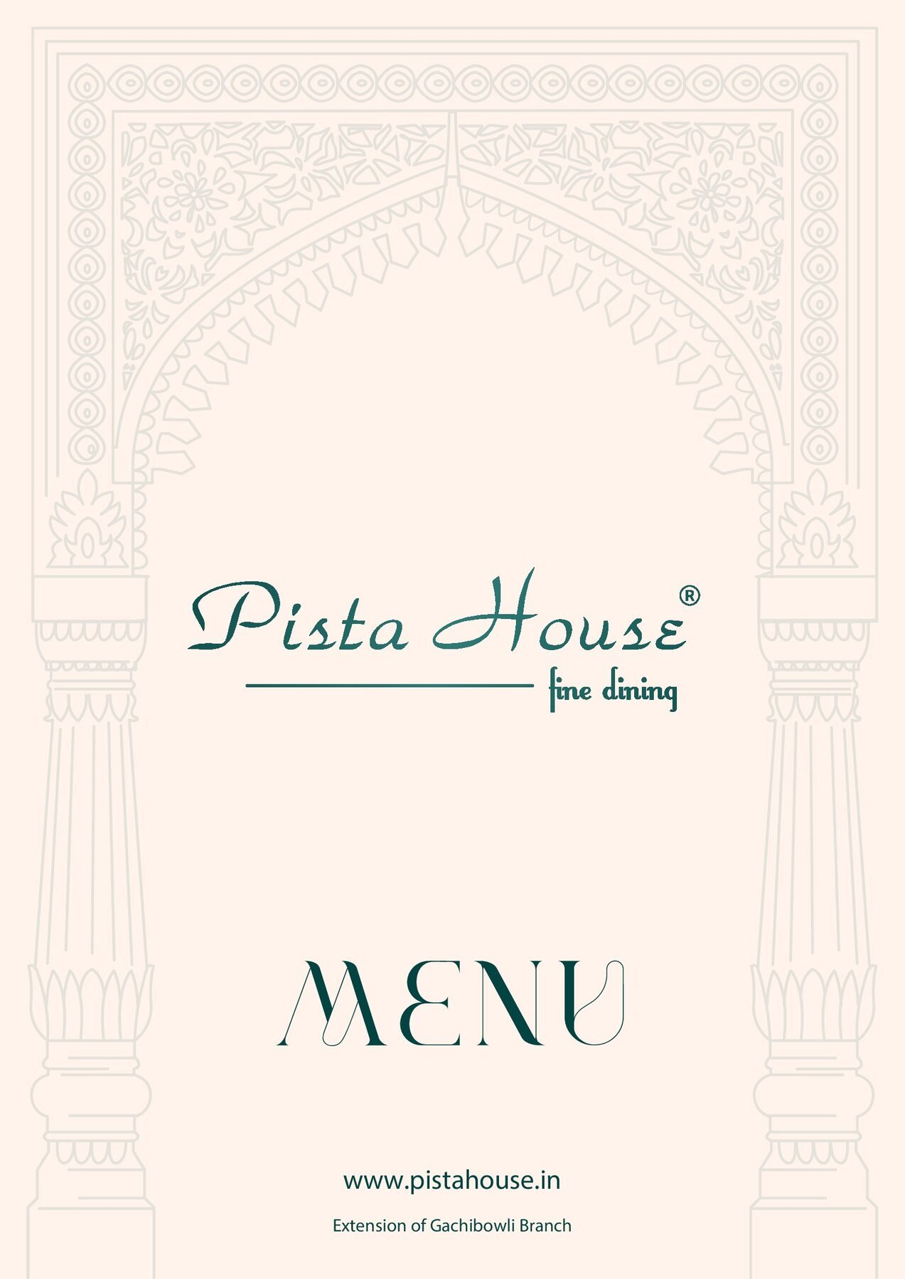 Pista House fine dining menu cover with Charminar arch line art