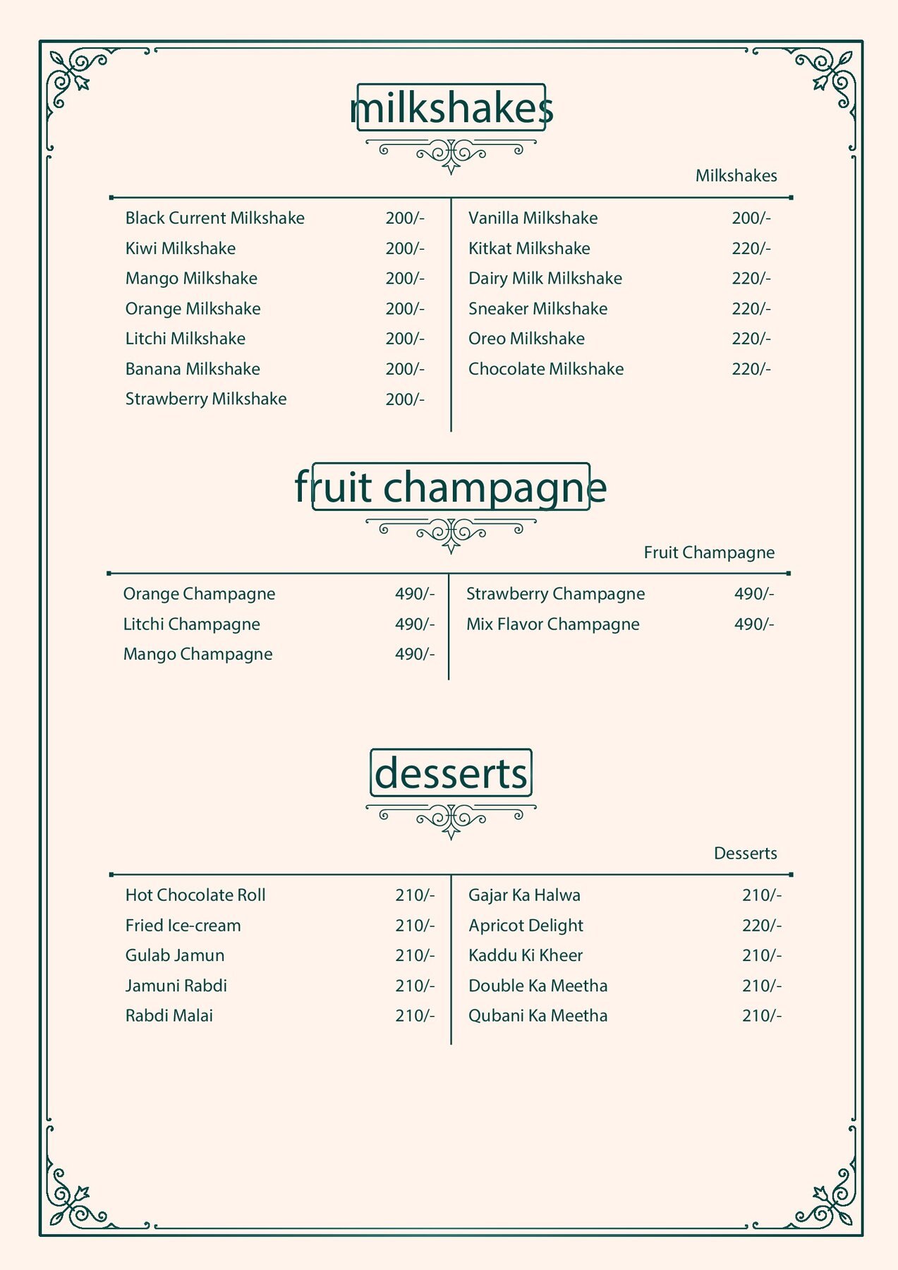 Pista House milkshakes, fruit champagne and desserts menu page