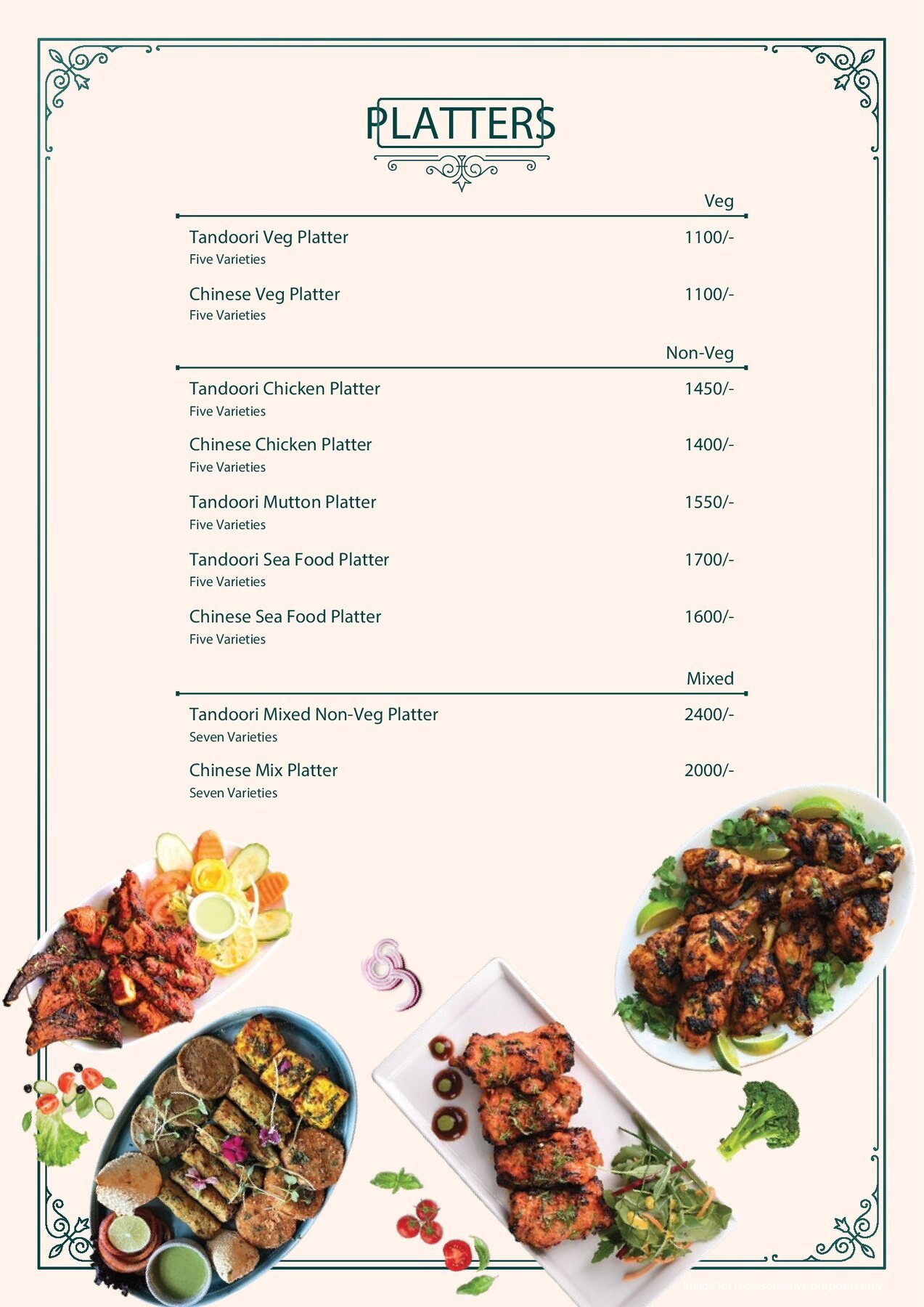 Pista House menu platters page with tandoori platter photo