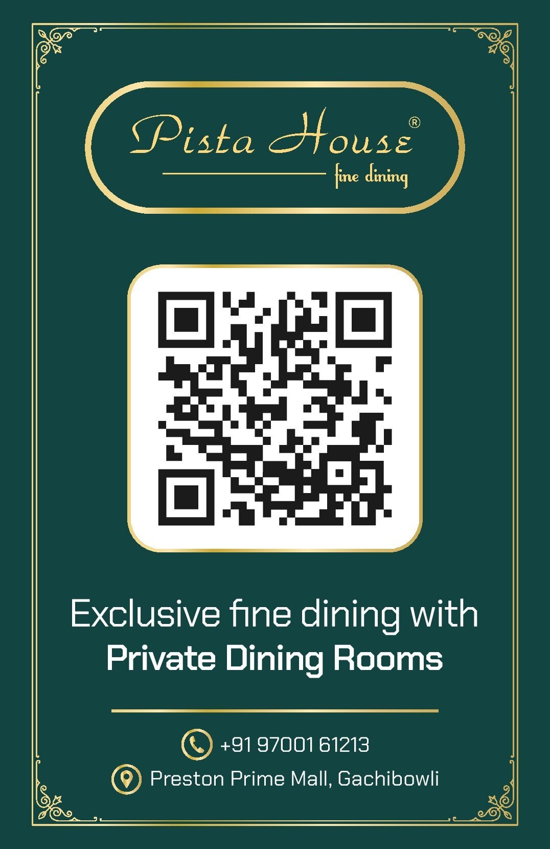 Pista House fine dining QR tent card for private dining rooms, Preston Prime Mall, Gachibowli