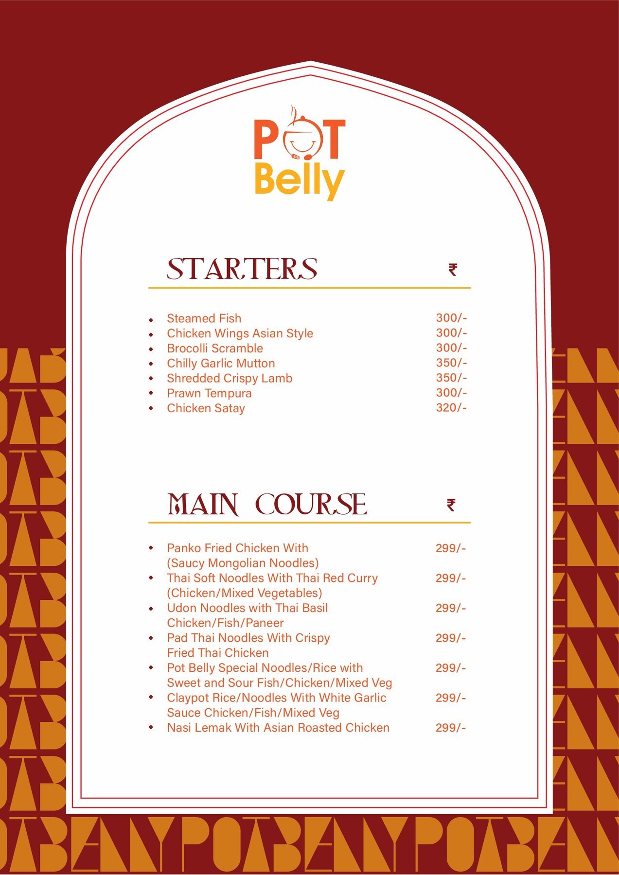 Pot Belly Asian starters and main course menu card with arch frame