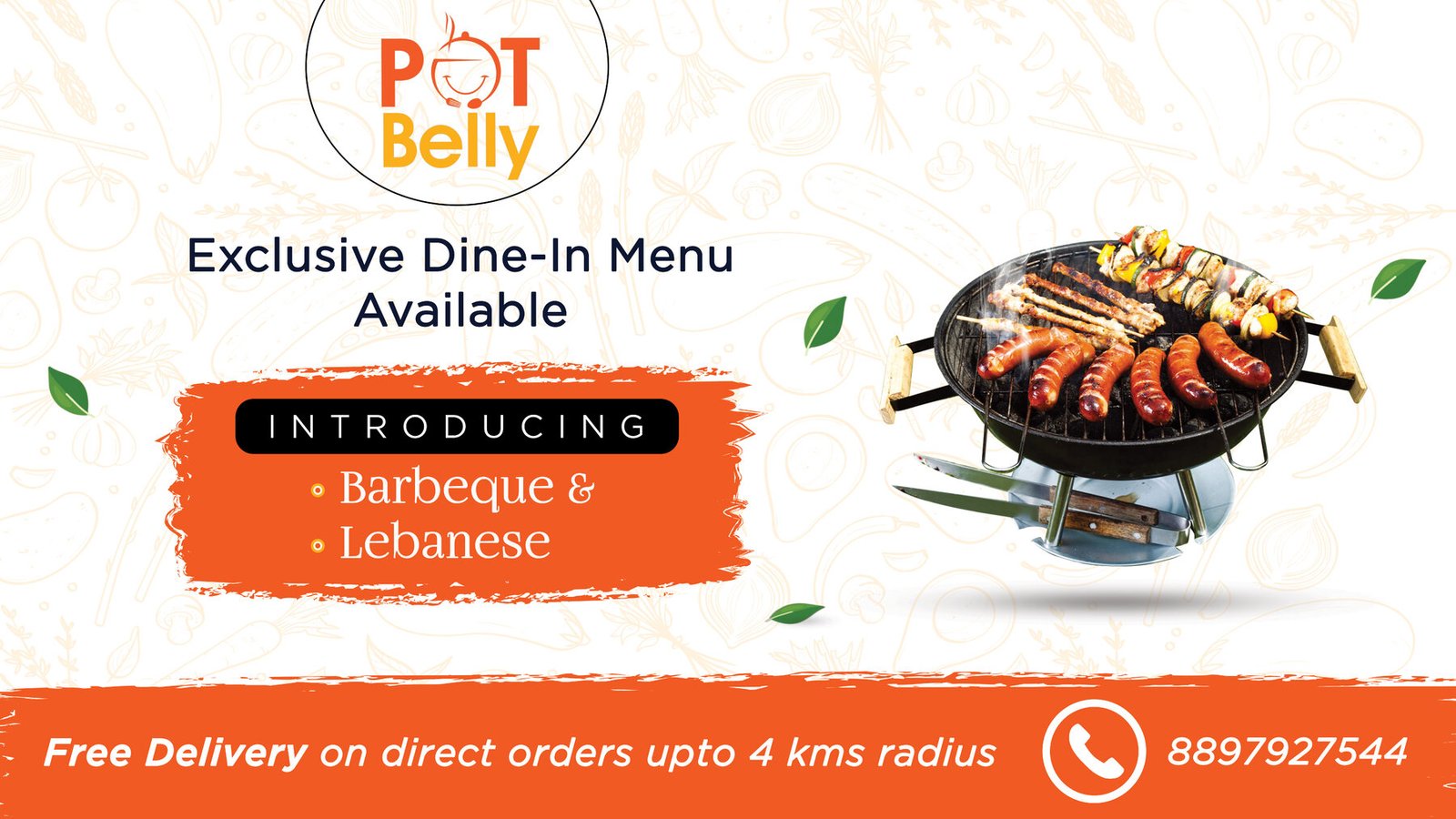 Pot Belly banner introducing barbeque and Lebanese dine-in menu with free delivery within 4 km