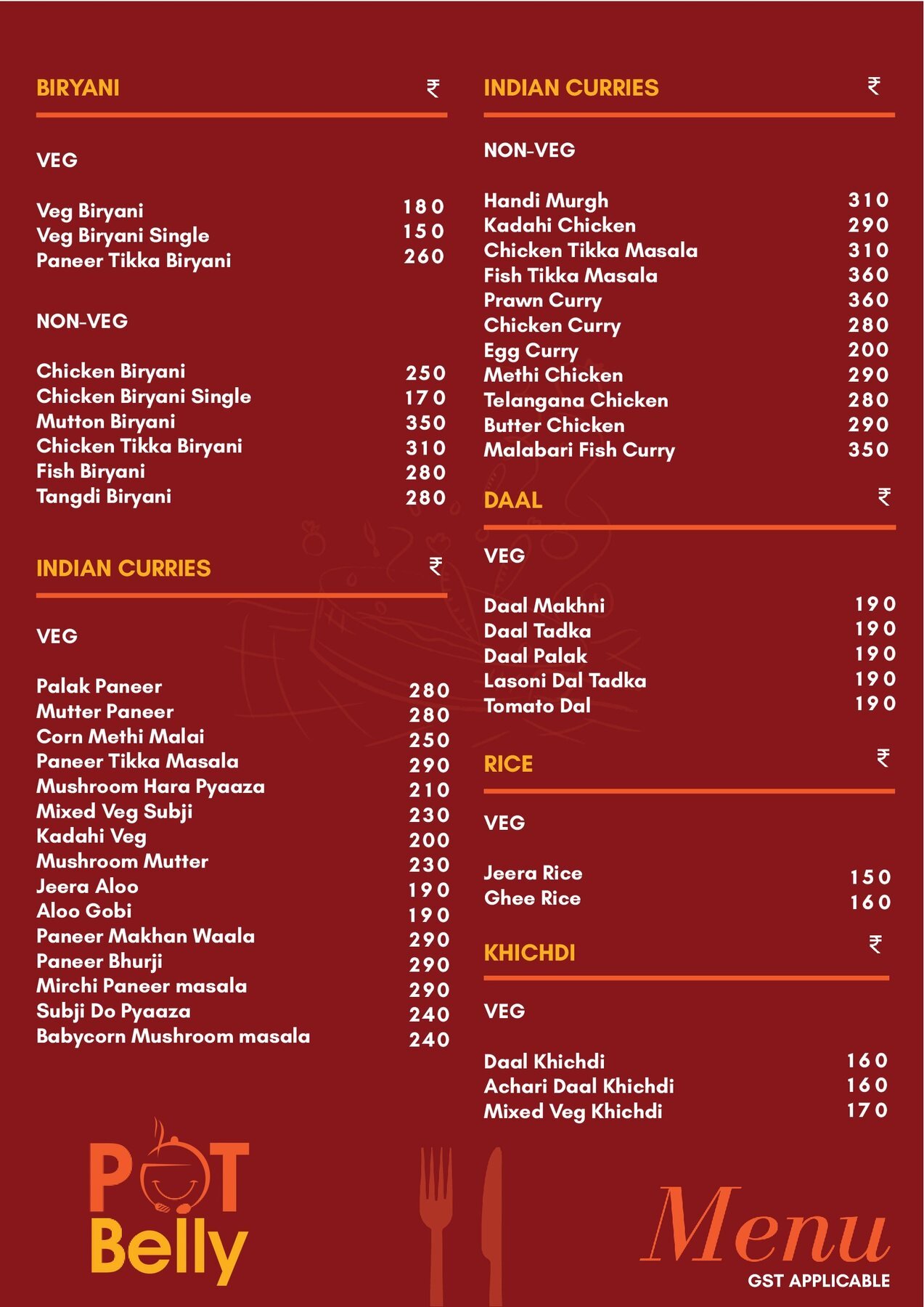 Pot Belly Indian menu page with biryani, curries, dal and rice