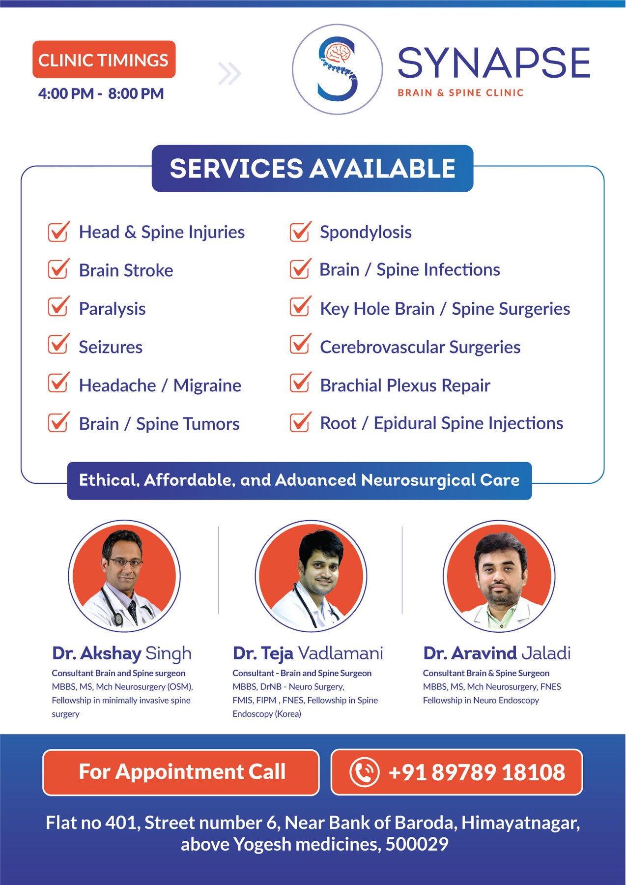 Synapse Brain and Spine Clinic pamphlet with services, clinic timings and three neurosurgeons