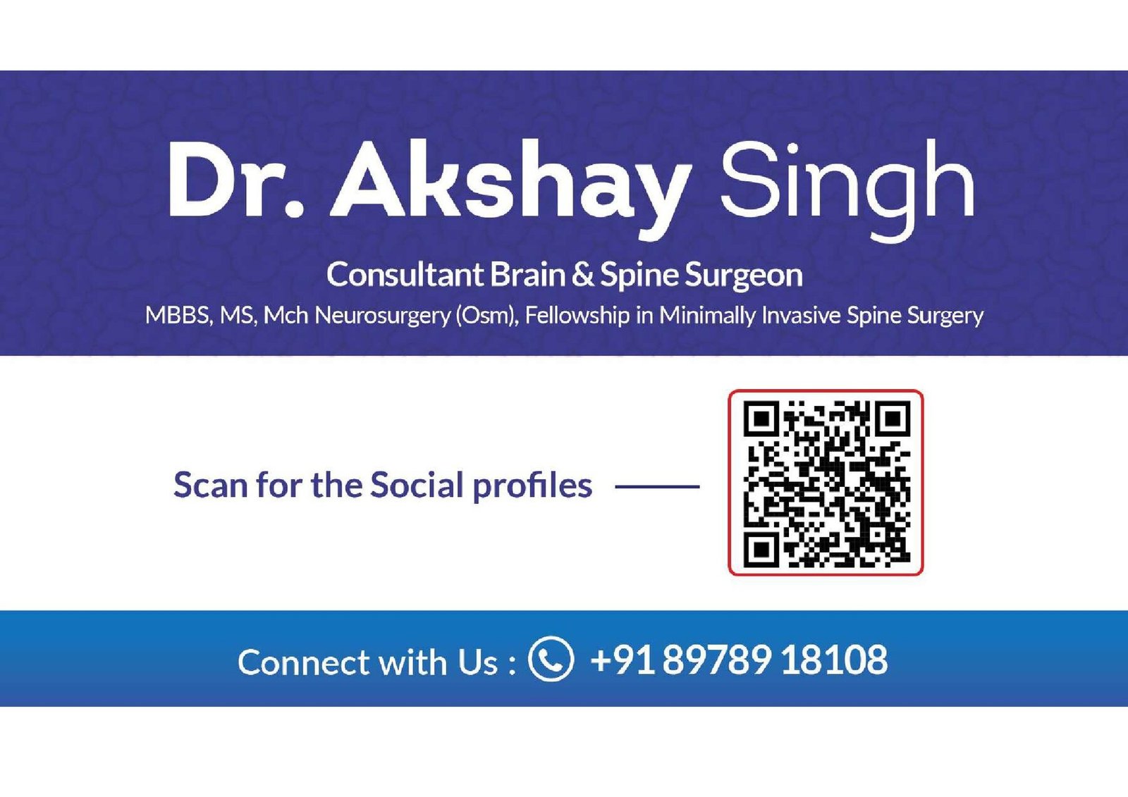 Synapse visiting card for Dr. Akshay Singh, consultant brain and spine surgeon, with QR