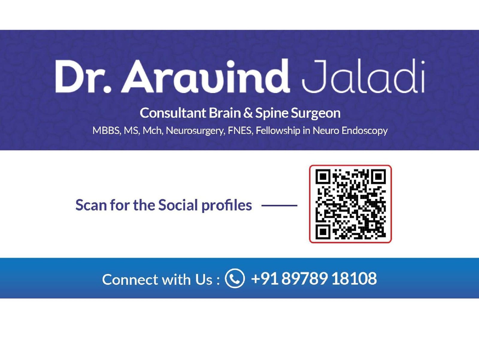 Synapse visiting card for Dr. Aravind Jaladi, consultant brain and spine surgeon
