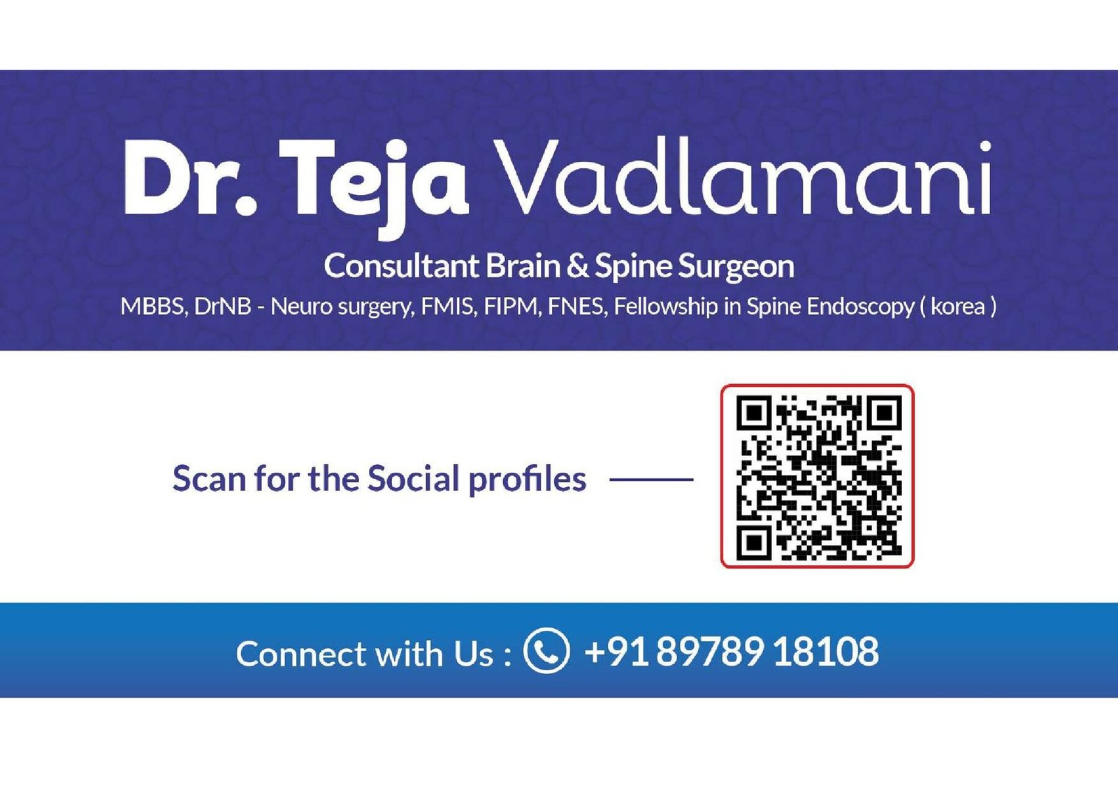 Synapse visiting card for Dr. Teja Vadlamani, consultant brain and spine surgeon