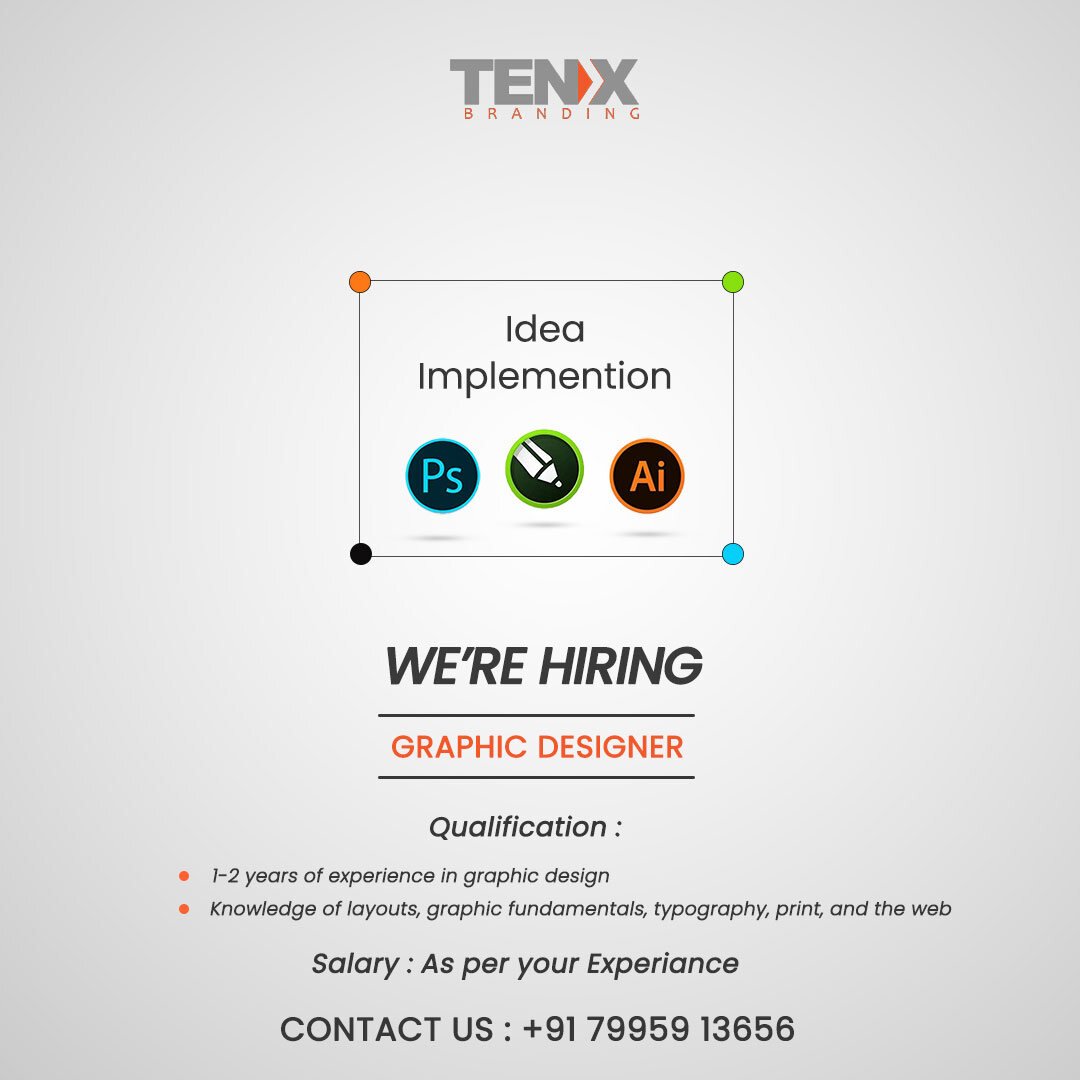 Tenx Branding we're hiring post for a graphic designer with Photoshop and Illustrator icons