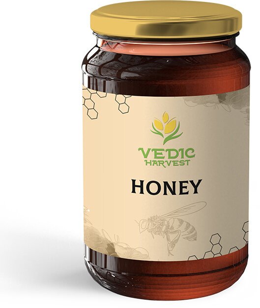 Vedic Harvest honey jar label with bee line art