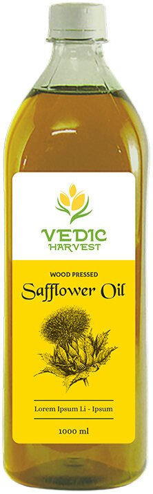 Vedic Harvest wood-pressed safflower oil bottle label