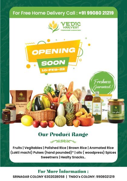 Vedic Harvest organic store opening soon flyer with fruits, vegetables and product range