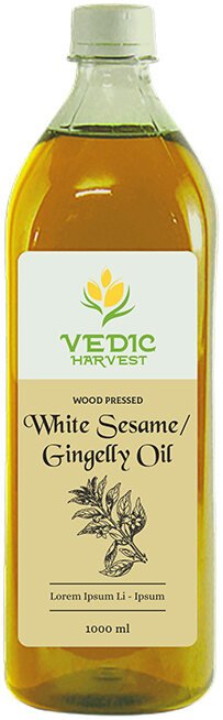 Vedic Harvest wood-pressed white sesame gingelly oil bottle label